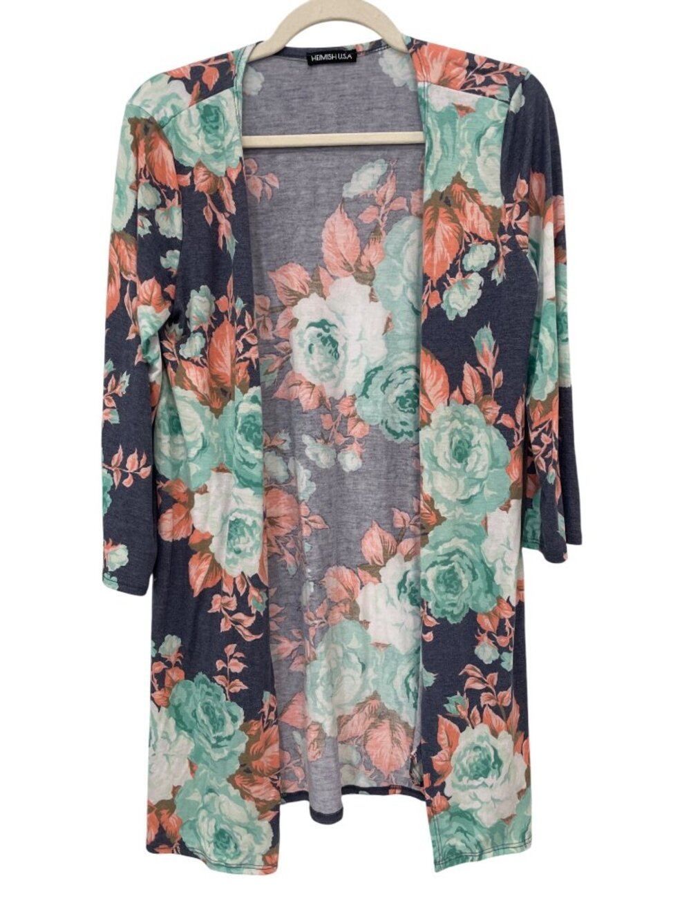 Heimish USA Cardigan Duster Medium Floral Open Front Gray Multi Bohemian Hippie